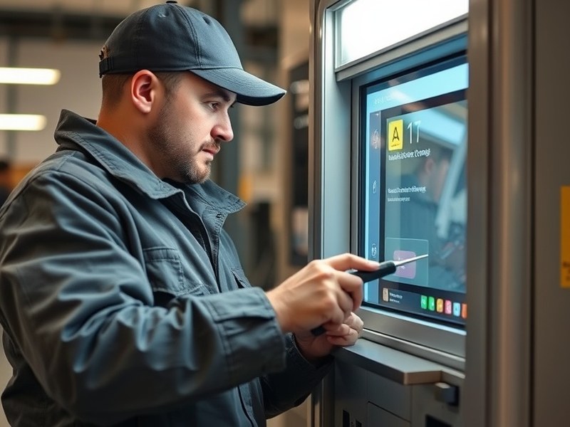 Technician carrying out maintenance on a self-service terminal